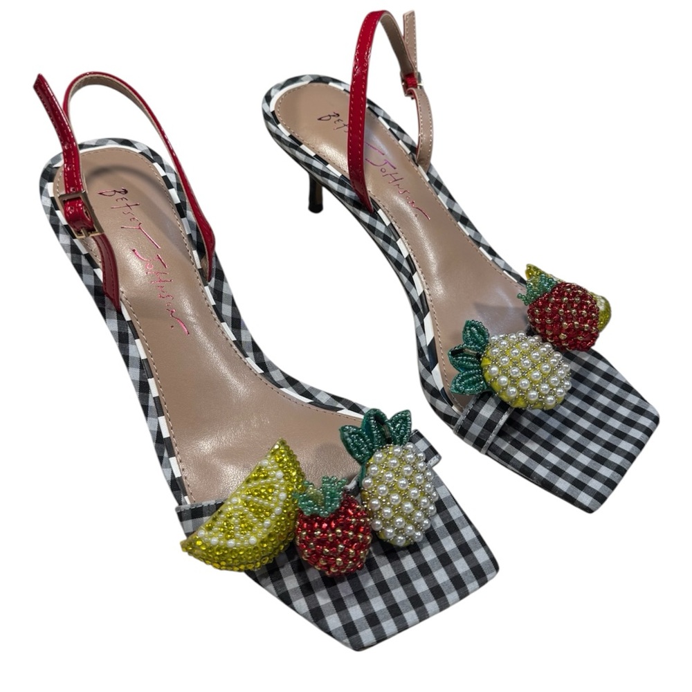 ❤️ Betsey Johnson Black Gingham & Rhinestone Fruit Slingback Sandals
